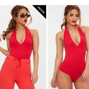 Red Jersey Leotard Halter Backless Bodysuit Onesie